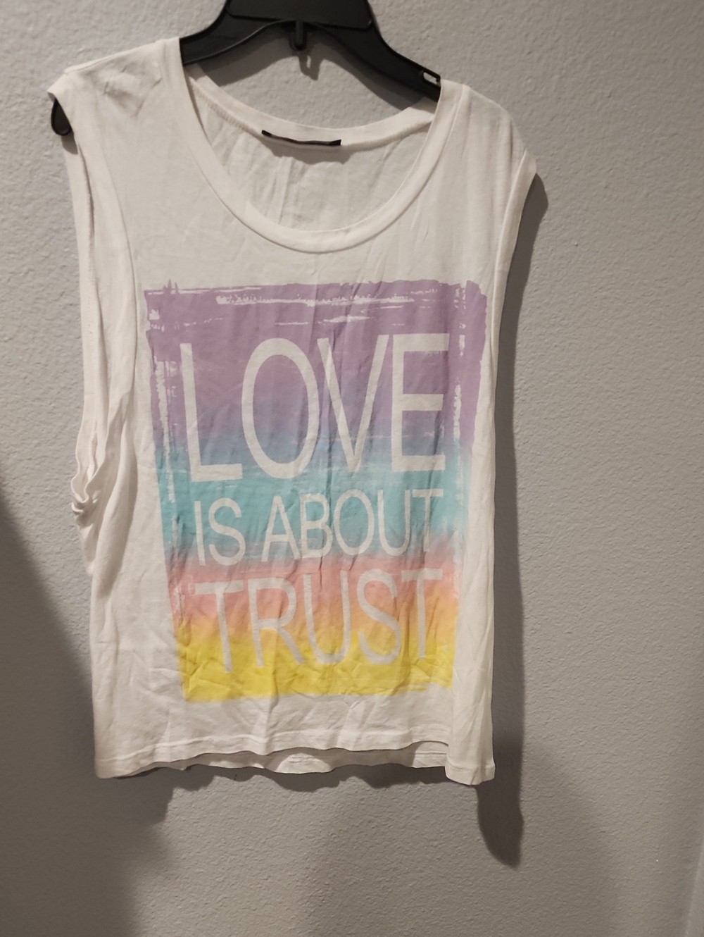 White Graphic Tank Top with Pastel Ombré Text - LOVE IS ABOUT TRUST